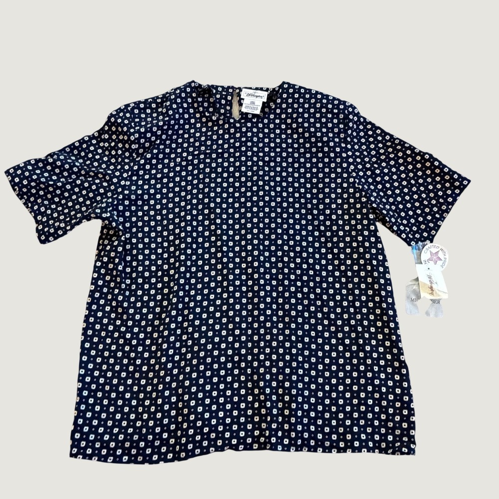Worthington Womens Blouse Navy Ivory Geometric Vintage Microfiber Large